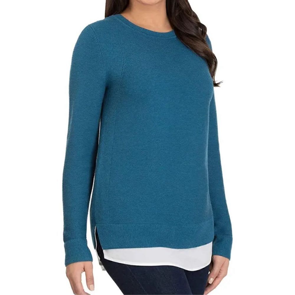 Hilary Radley L dark teal blue long salve crew neck sweater w- white layered hem